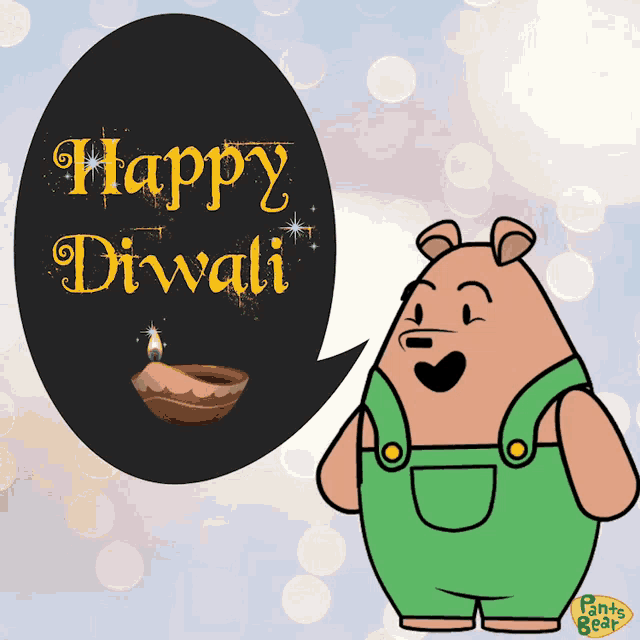 a cartoon bear says happy diwali with a lit lamp in the background