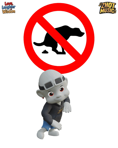 a cartoon character is standing in front of a sign that says no dog poop