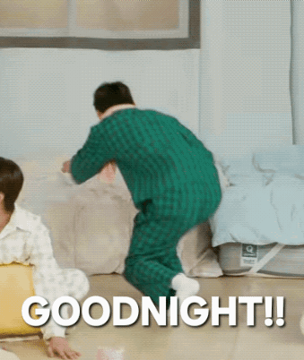 a man in a green plaid pajama is jumping on a bed with the words goodnight written below him .