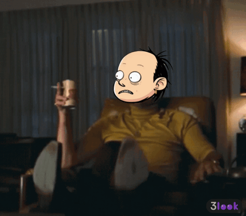 a cartoon of a man sitting in a chair with a 3look logo on the bottom right