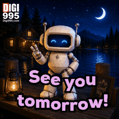 a robot says see you tomorrow in front of a cabin