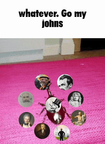a bug is surrounded by pictures of famous people and the words whatever go my johns