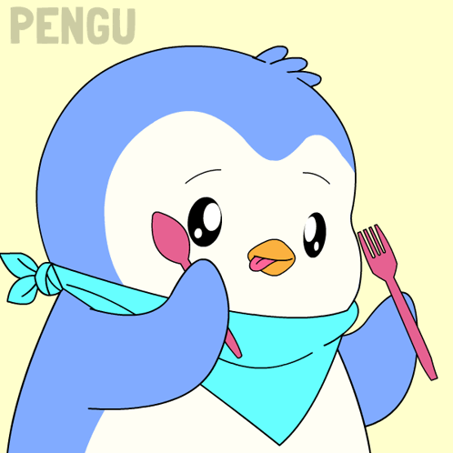 a penguin is holding a pink fork and spoon and the word pengu is above it