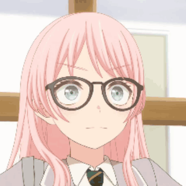 a girl with pink hair and glasses is covering her face with her hands