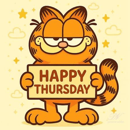 garfield is holding a sign that reads `` happy thursday '' .