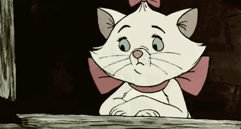 A white cartoon cat looks down sadly with folded paws.