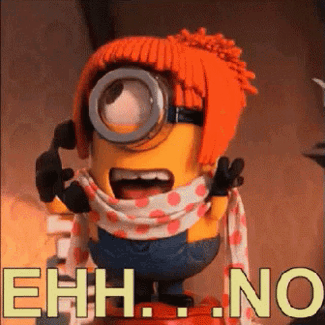 A Minion with orange hair recoils as large text reads “EHH... NO.”