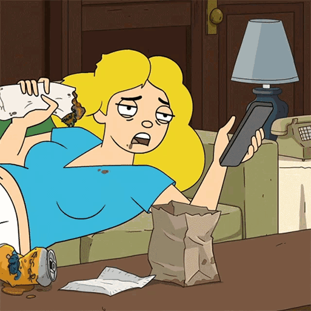 An animated blonde woman lounges in a chair while holding a TV remote.