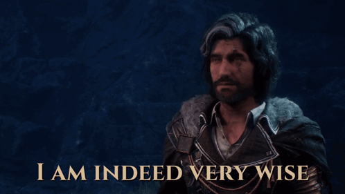 a man with a beard is standing in front of a sign that says " i am indeed very wise "