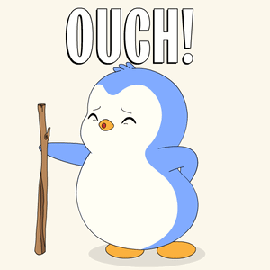 A cartoon penguin leans on a cane beneath a large “OUCH!” caption.
