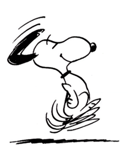 Snoopy dances joyfully in a simple black-and-white Peanuts-style drawing.