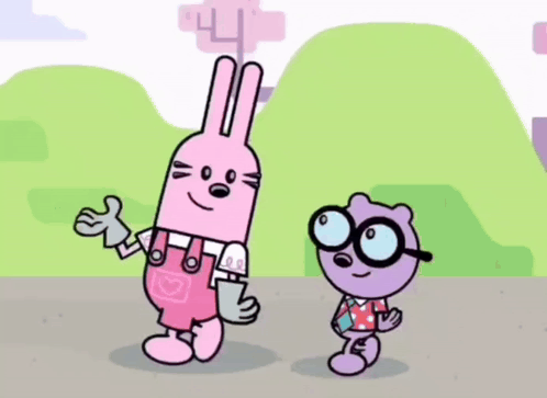 a cartoon of a rabbit and a bear with glasses standing next to each other