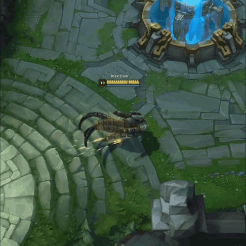 A League of Legends champion lies defeated near a glowing blue base structure.