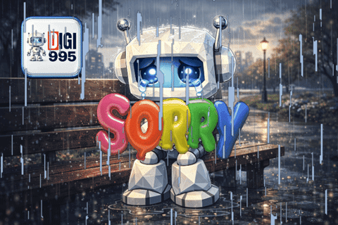 a robot is sitting on a bench with the word sorry written in the rain