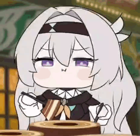 a cartoon girl is sitting at a table eating a piece of cake .