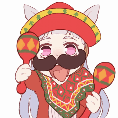 a cartoon drawing of a girl with a sombrero and mustache holding maracas