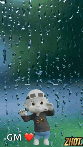 a cartoon character is standing in front of a window with rain drops on it ..
