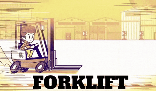 a cartoon drawing of a man driving a forklift with the word forklift on the bottom