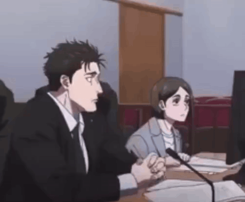 Hiromi Higuruma and another character sit tensely in an anime courtroom scene.