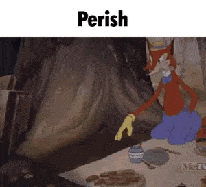 A cartoon fox stands by a burning scene under the caption “Perish.”