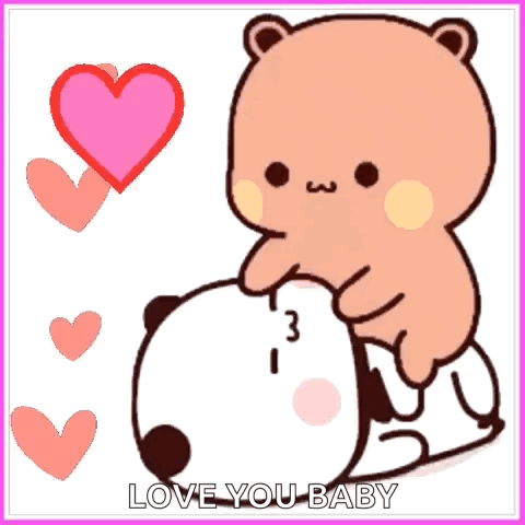 A tan cartoon bear hugs a white bear while pink hearts surround them.