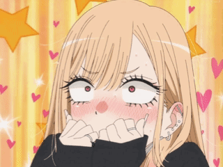 a cartoon girl with blonde hair and red eyes is covering her mouth with her hands