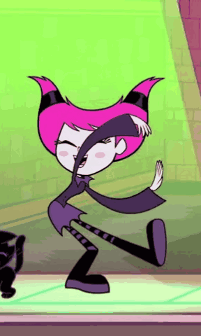 a cartoon character is dancing in front of a green background .