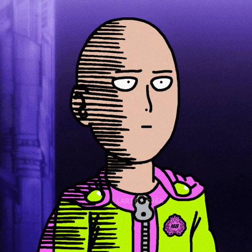 Saitama from One-Punch Man wears a bright patterned shirt and stares blankly.