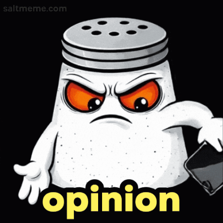 a salt shaker with an angry face is holding a cell phone with the word opinion below it