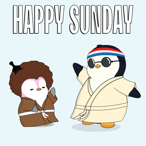a cartoon of two penguins with the words happy sunday above them