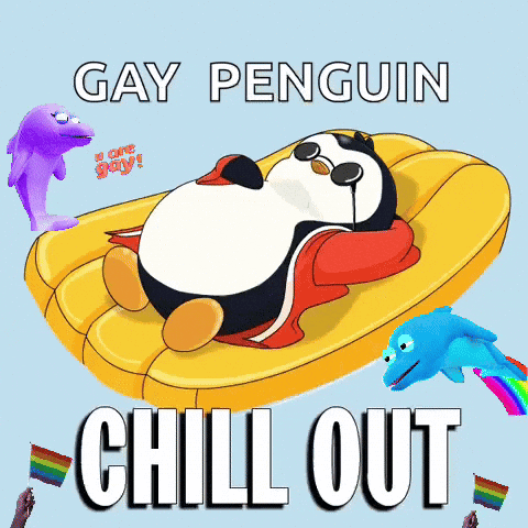 A lounging cartoon dog on a float is labeled “GAY PENGUIN” and “CHILL OUT.”