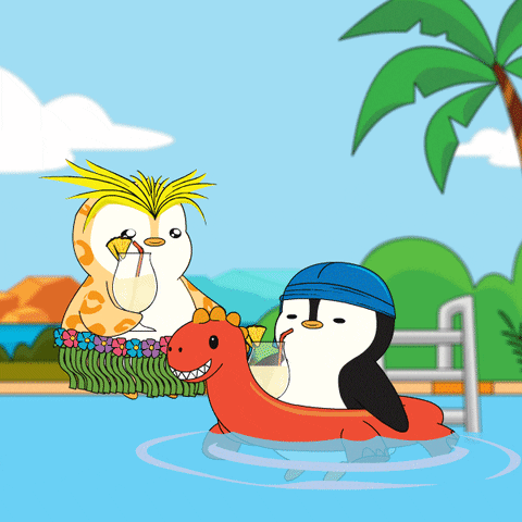 a cartoon of two penguins in a swimming pool drinking