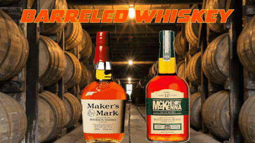 a bottle of maker 's mark and a bottle of mckenna whiskey
