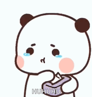 A panda-like cartoon character cries while clutching its chest.