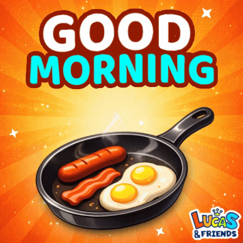 a frying pan with eggs bacon and a sausage with the words good morning lucas & friends below it