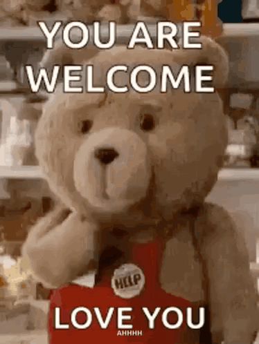 Ted the teddy bear looks forward while a cropped “WELCOME” caption appears above him.