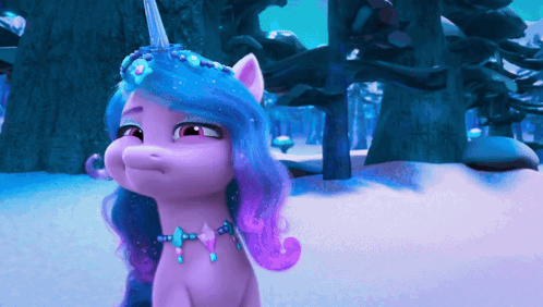 a cartoon pony with purple hair and a blue horn stands in the snow