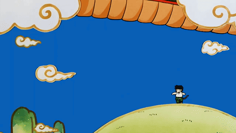 a cartoon of a person standing on a hill with a dragon in the background