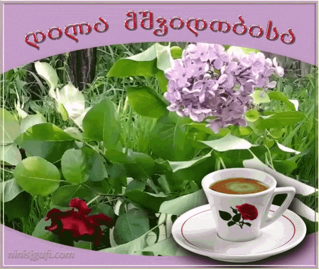 a cup of coffee sits on a saucer in front of purple flowers on a purple background