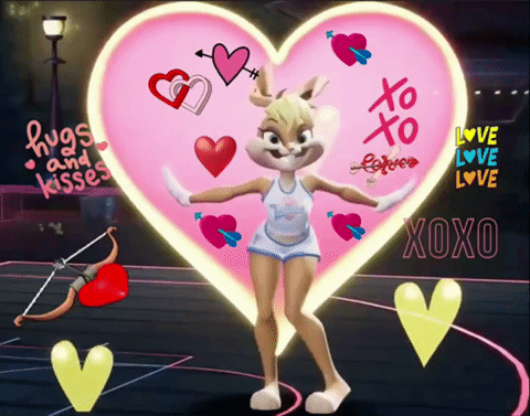 a picture of lola bunny with hearts and the words hugs and kisses surrounding her