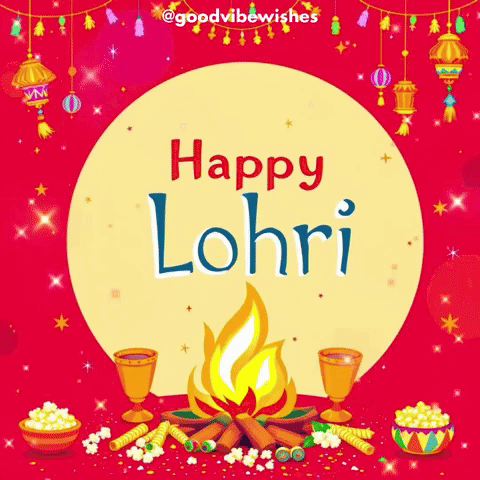 a poster that says happy lohri with a bonfire and popcorn