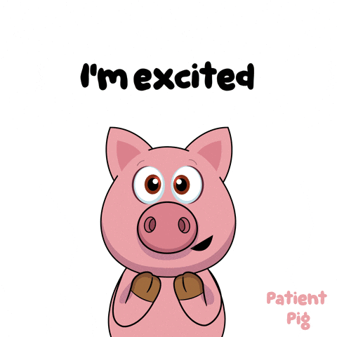 a cartoon of a pig saying i 'm excited yes