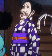 a woman in a purple and white checkered kimono is standing next to a skeleton hand .