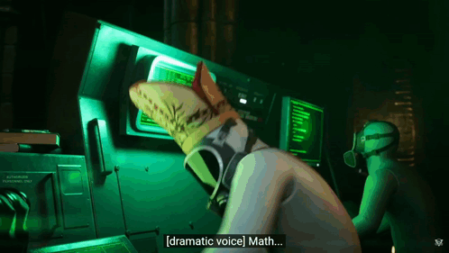 a video game character says dramatic voice math in a green room