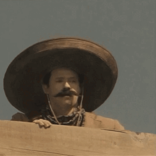 a man with a sombrero and a mustache looks over a wooden fence