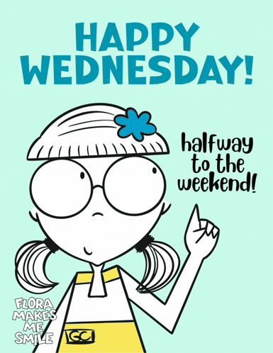 a happy wednesday greeting card with a cartoon girl