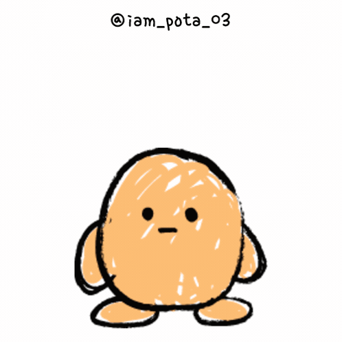 A small orange potato character stands with a nervous expression.