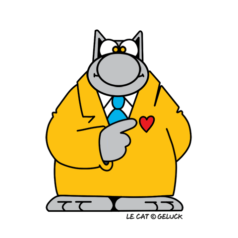 a cartoon cat is wearing a yellow jacket and tie and pointing at a heart