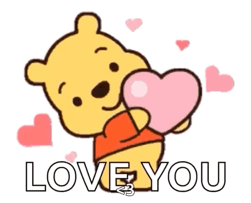 Winnie the Pooh hugs a pink heart while “LOVE YOU” appears below.