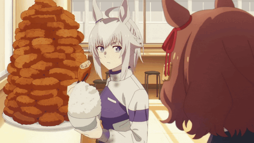 a girl holding a bowl of rice stands in front of a stack of fried food